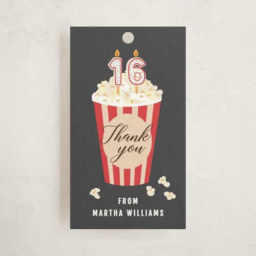 This is a cobblestone kids gift tags with standard by Sherley Ferreira called movie night party printing on signature in tag