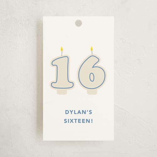 This is a azure kids gift tags with standard by Baumbirdy called retro sixteen candles printing on signature in tag