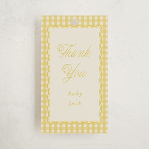 This is a lemonade kids gift tags with standard by Brianne Larsen called scalloped gingham printing on signature in tag