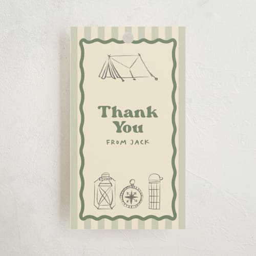 This is a sage kids gift tags with standard by Creo Study called one happy camper printing on signature in tag