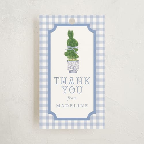 This is a periwinkle kids gift tags with standard by Jenna Holcomb called topiary printing on signature in tag