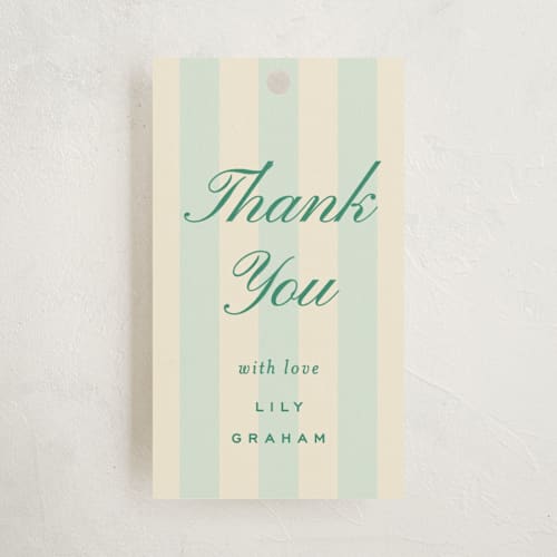 This is a teal party favor tags with standard by Ellen Schlegelmilch called debutante stripes printing on signature in tag