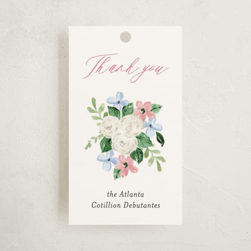 This is a blush party favor tags with standard by Sarah Knight called daphne printing on signature in tag