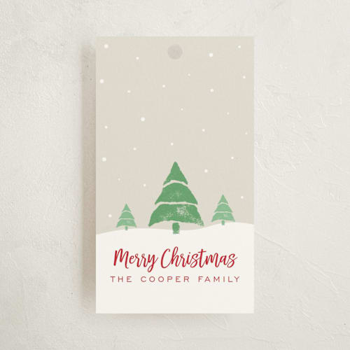 This is a linen gift tags with standard by Jen Tips called pines in the snow printing on signature in tag
