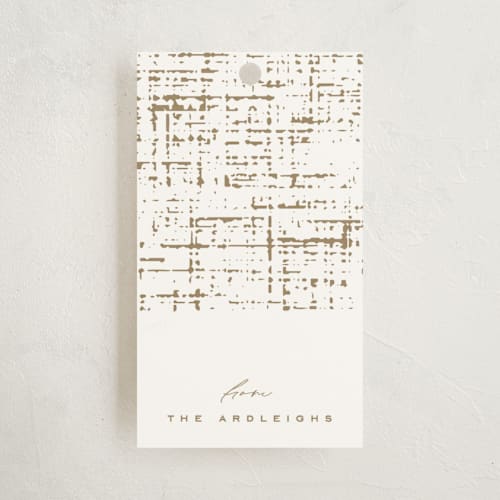 This is a tinsel gift tags with standard by Kristie Kern called brushed gold printing on signature in tag