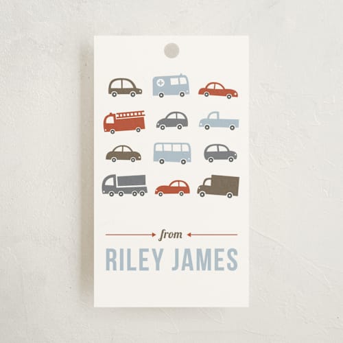This is a pale blue gift tags by Susan Asbill called beep beep printing on signature in tag