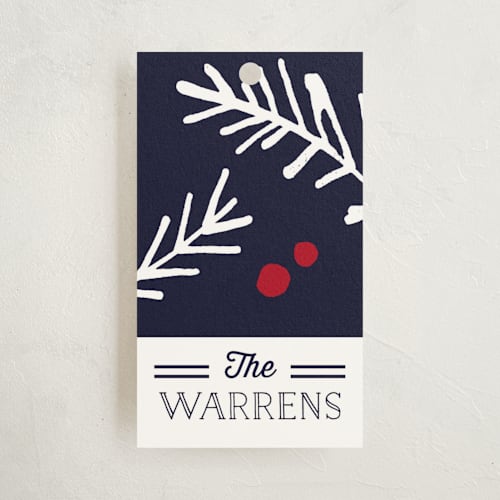 This is a navy gift tags by Kelly Nasuta called navy pine printing on signature in tag