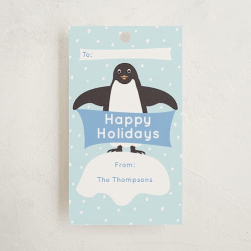 This is a sky gift tags with standard by Jennifer Holbrook called presents from penguins printing on signature in tag