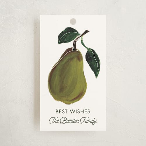 This is a pear gift tags by Sarah Fitzgerald called winter pear printing on signature in tag