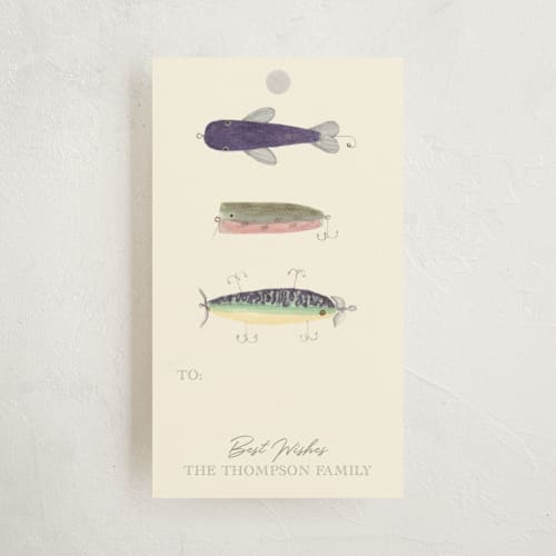This is a ecru gift tags by Jessie Burch called vintage fishing lures printing on signature in tag