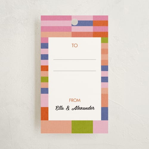 This is a sunrise gift tags by Dominique Vari called colourful kilim printing on signature in tag