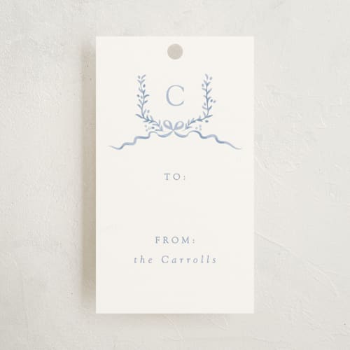 This is a frost gift tags by Corinne Malesic called festive monogram printing on recycled in tag