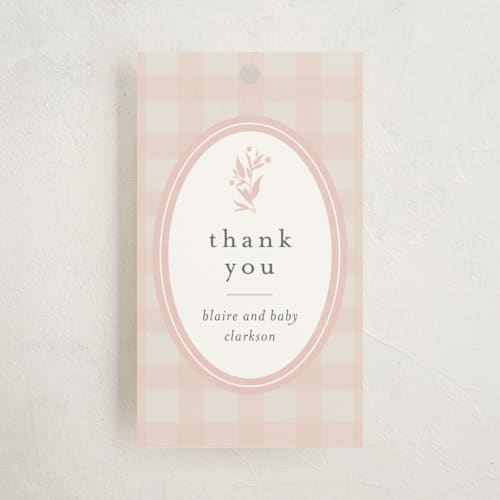This is a ballet slipper baby shower favor tags with standard by Jessica Williams called delicate bloom printing on signature in tag