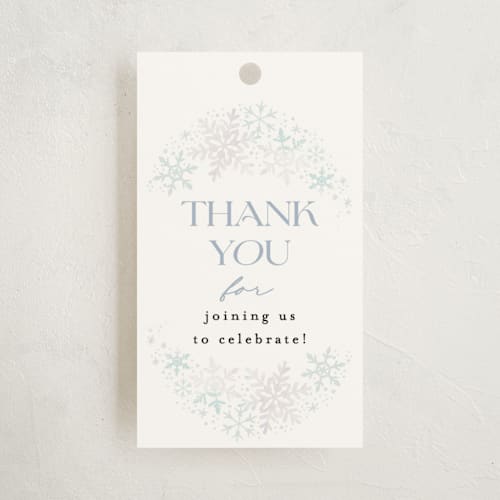 This is a bluebell baby shower favor tags with standard by Alethea and Ruth called winter baby snowflakes printing on signature in tag