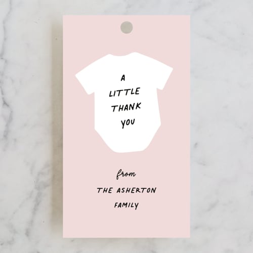 This is a cotton candy baby shower favor tags with standard by Lea Delaveris called little sibling printing on signature in tag