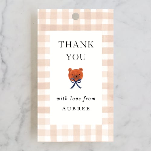 This is a shortbread baby shower favor tags with standard by Sarah Knight called gingham printing on signature in tag