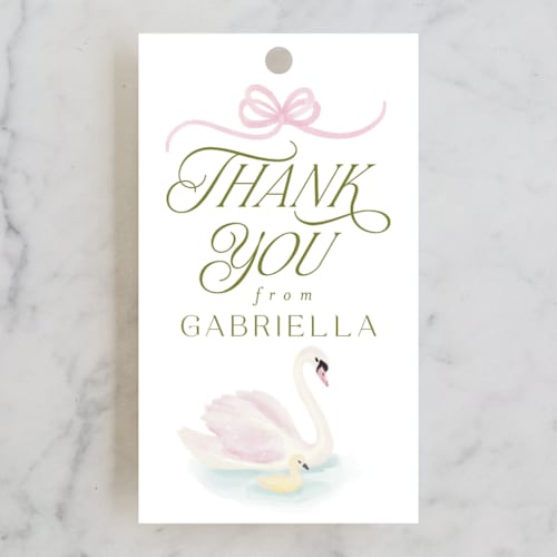 This is a ballet slipper baby shower favor tags with standard by Jenna Holcomb called swan princess printing on signature in tag