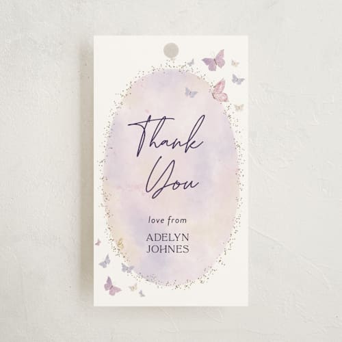 This is a blush baby shower favor tags with standard by Jelena Vuletic called fabled printing on signature in tag