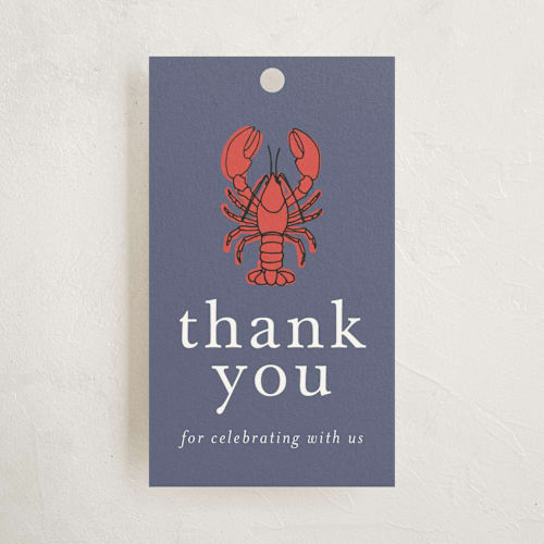 This is a denim baby shower favor tags with standard by Wendy Taylor called my lobster printing on signature in tag