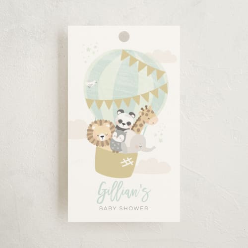This is a seafoam baby shower favor tags with standard by peetie design called baby balloon ride printing on signature in tag