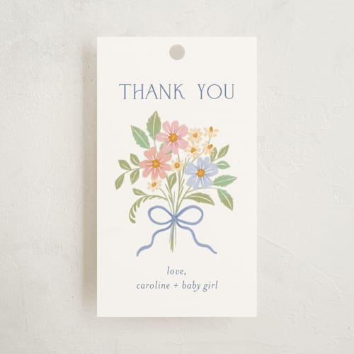 This is a periwinkle baby shower favor tags with standard by Paper Raven Co. called bitty bouquet printing on signature in tag