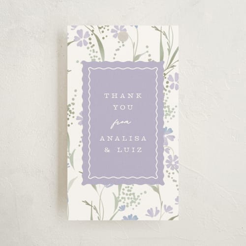 This is a lilac baby shower favor tags with standard by Erin L. Wilson called lottie printing on signature in tag