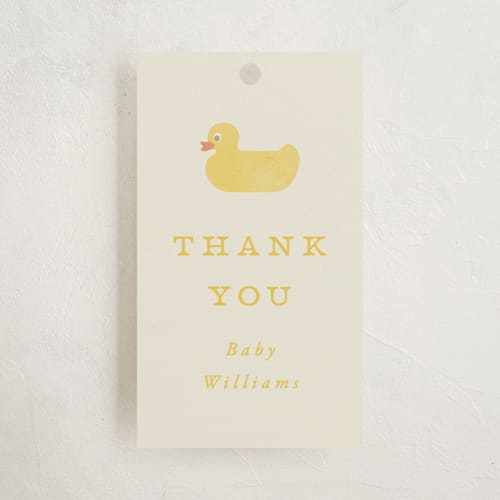 This is a banana baby shower favor tags with standard by Brianne Larsen called simple duck printing on signature in tag