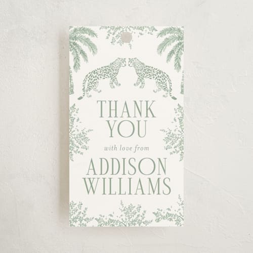 This is a palm baby shower favor tags with standard by Jenna Holcomb called safari toile printing on signature in tag