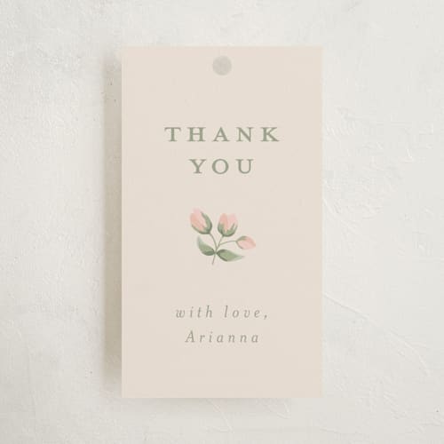 This is a blush baby shower favor tags with standard by Jennifer Holbrook called rose quilt printing on signature in tag