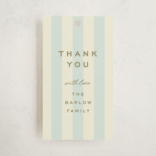 This is a baby blue baby shower favor tags with standard by Ellen Schlegelmilch called oh boy printing on signature in tag
