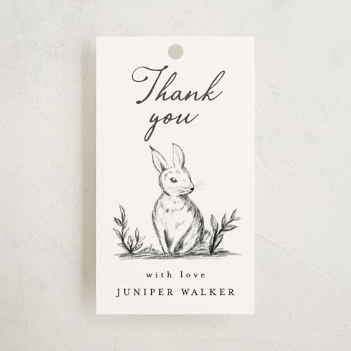 This is a graphite baby shower favor tags with standard by Maja Cunningham called story time printing on signature in tag