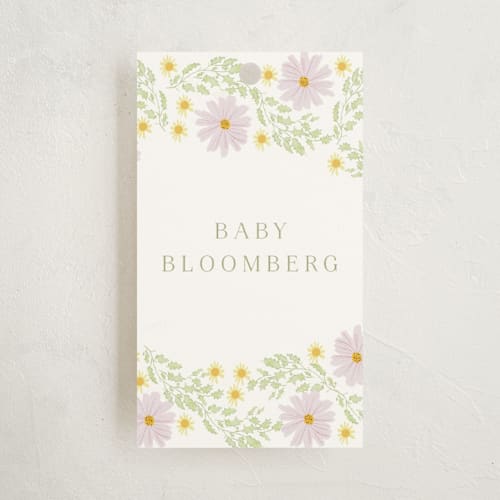 This is a daisy baby shower favor tags with standard by Baumbirdy called blooming baby frame printing on signature in tag