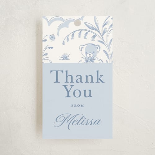 This is a sky baby shower favor tags with standard by Teju Reval called baby toile printing on signature in tag