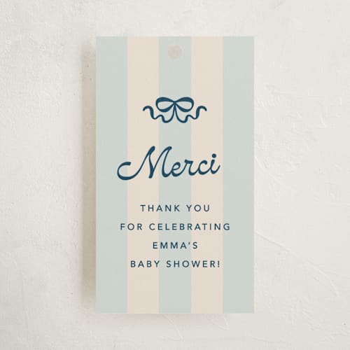 This is a marina baby shower favor tags with standard by Olivia Raufman called mariniere printing on signature in tag