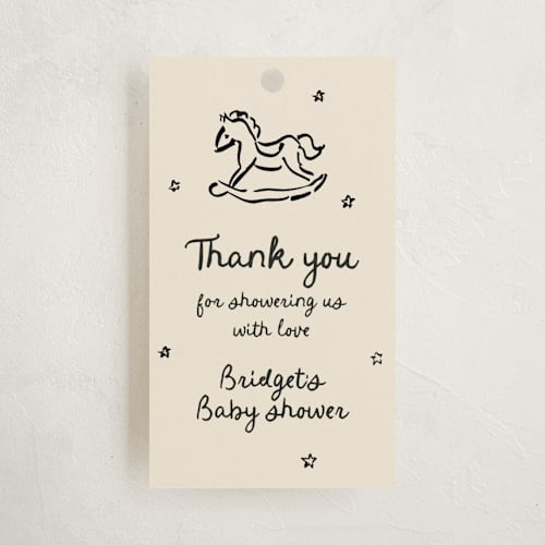 This is a onyx baby shower favor tags with standard by Cass Loh called bundle of joy sketches printing on signature in tag