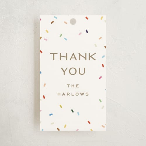 This is a cloud baby shower favor tags with standard by Ellen Schlegelmilch called tiny bold sprinkles printing on signature in tag