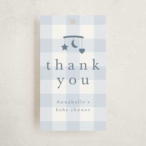 This is a baby blue baby shower favor tags with standard by Stacey Meacham called gingham mobile printing on signature in tag