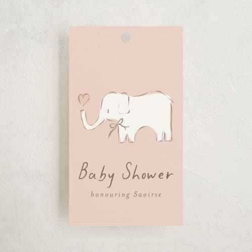 This is a taupe baby shower favor tags with standard by chocomocacino called bananella printing on signature in tag