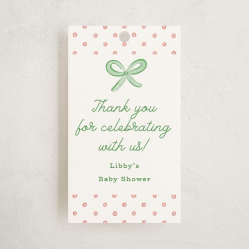 This is a strawberry baby shower favor tags with standard by Erin German called polka dot frame printing on signature in tag
