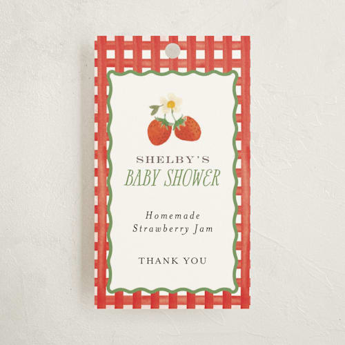 This is a strawberry baby shower favor tags with standard by Itsy Belle Studio called so berry sweet printing on signature in tag