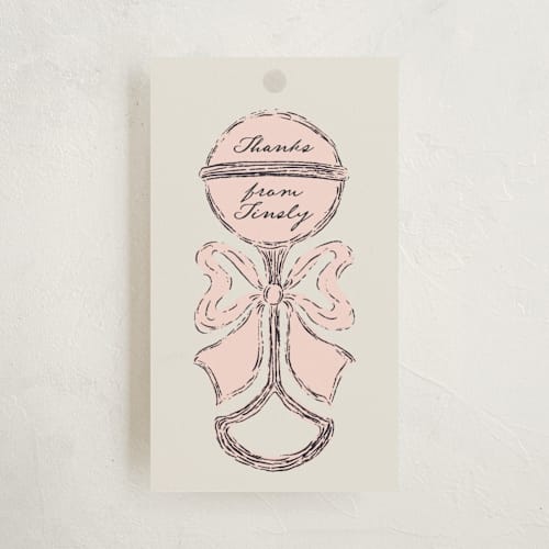 This is a rose baby shower favor tags with standard by Gwen Bedat called antique rattle printing on signature in tag