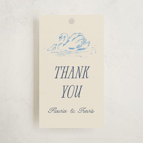 This is a bluebell baby shower favor tags with standard by Pati Cascino called sweet swan printing on signature in tag