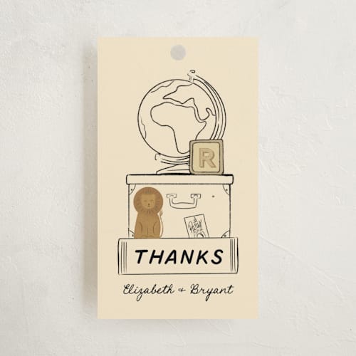 This is a butter baby shower favor tags with standard by Jenna Holcomb called little explorer printing on signature in tag