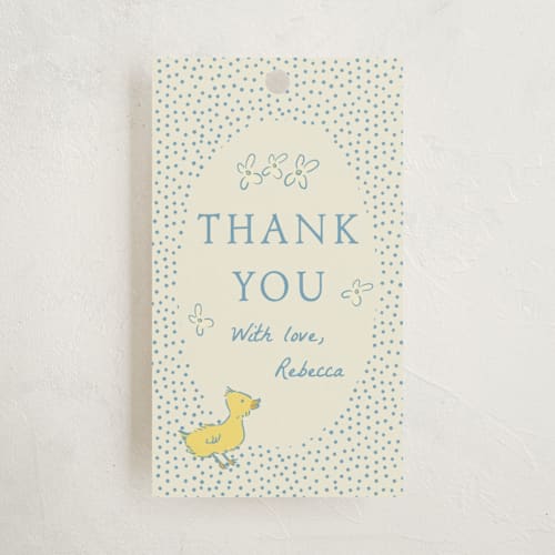 This is a robin’s egg baby shower favor tags with standard by Sarah Rosenthal called sweet peeps printing on signature in tag