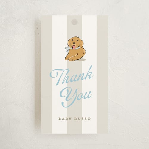 This is a bluebird baby shower favor tags with standard by Susan Zinader called preppy pup printing on signature in tag