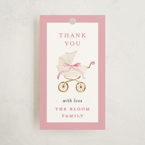 This is a peony baby shower favor tags with standard by Sarah Knight called graceful printing on signature in tag