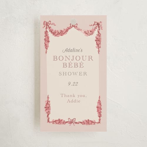 This is a peony baby shower favor tags with standard by Itsy Belle Studio called bonjour bebe printing on signature in tag