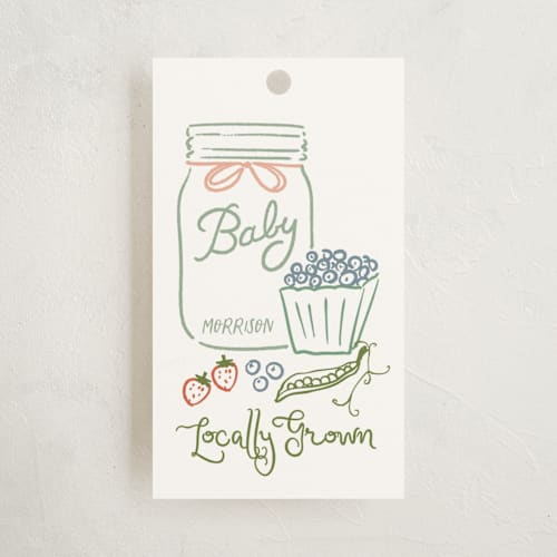 This is a meadow baby shower favor tags with standard by Jenna Holcomb called locally grown sketch printing on signature in tag