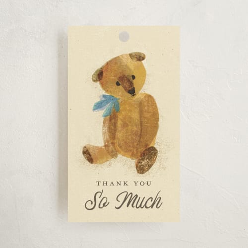 This is a glacier baby shower favor tags with standard by Kimberly Morgan called vintage teddy printing on signature in tag