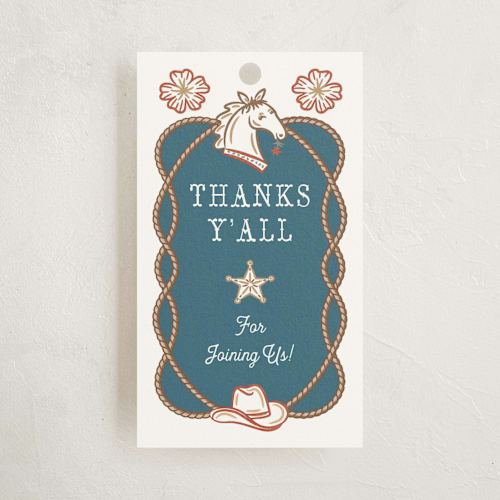 This is a denim baby shower favor tags with standard by Paper Sun Studio called cowboy baby printing on signature in tag
